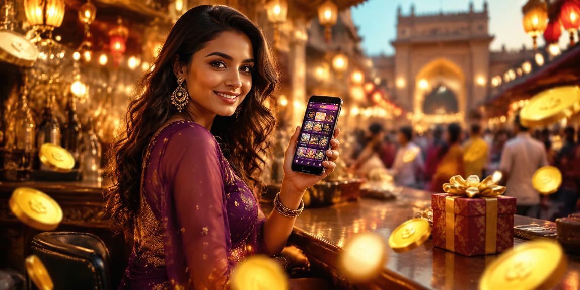 Indian woman using mobile casino app in vibrant setting
